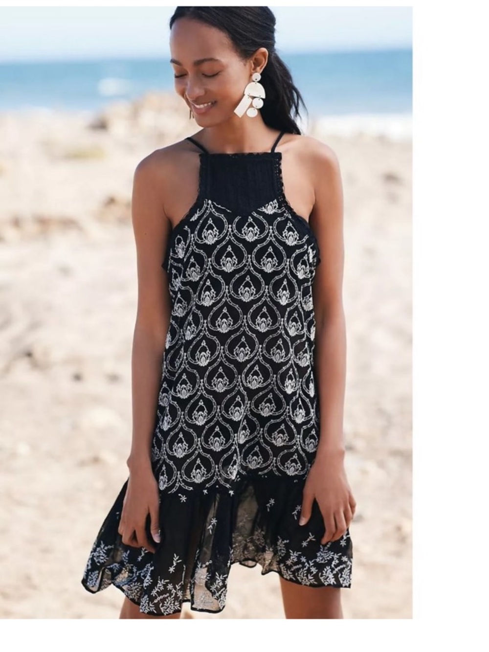 NWT Anthropologie Sheer Black Dress with White Embroidered Pattern